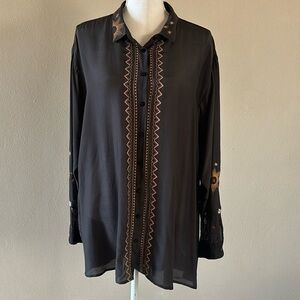 Johnny Was CALME Dark Gray Embroidered Button Up Blouse XL